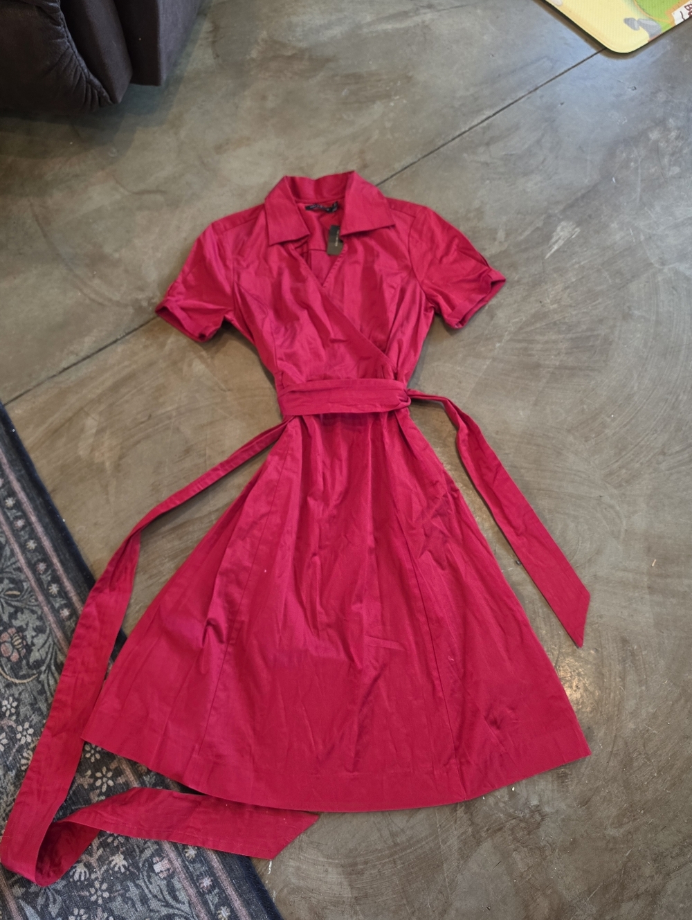 NWT The Limited Red Tie Waost Knee Length Collared Dress